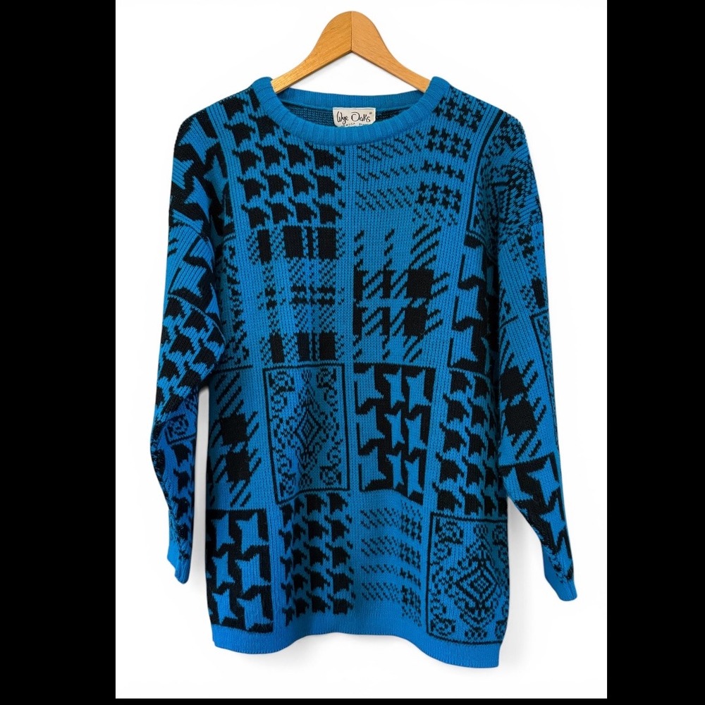 Vintage Men's Wye Oaks Teal/Black Retro Abstract Geo Pattern Sweater L Acrylic